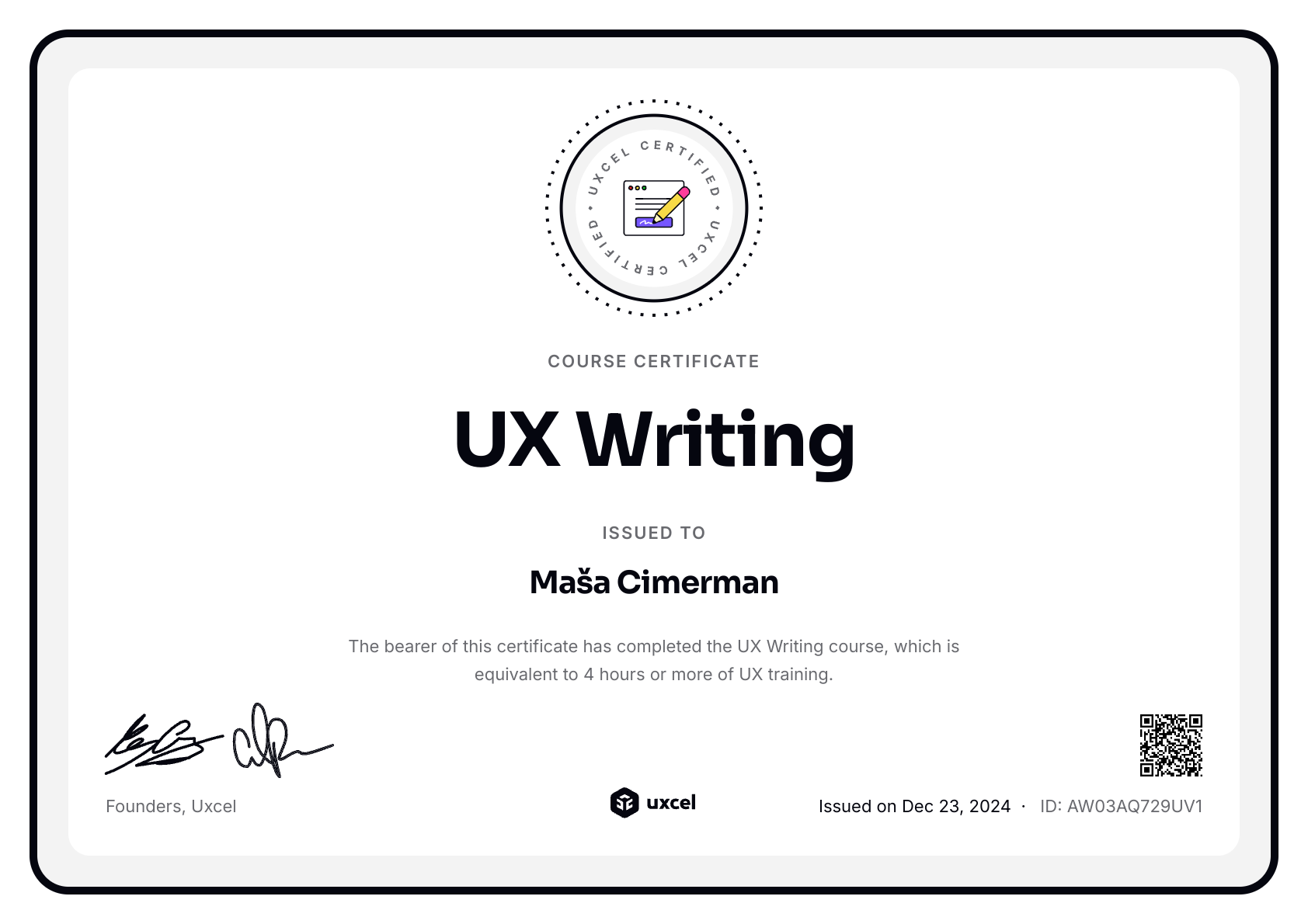 Maša Cimerman's certificate